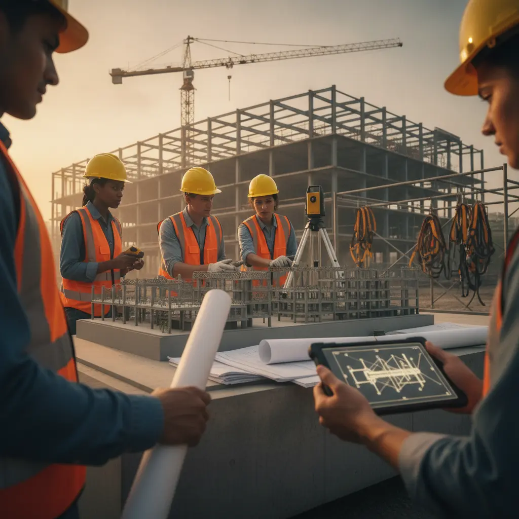 Equipe de engenharia em canteiro de obras analisando maquete e plantas em um momento decisivo.