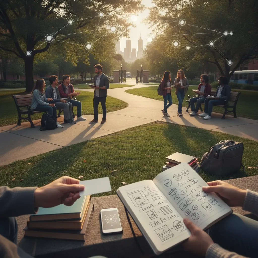 Campus universitário ao entardecer com estudantes conversando, mãos trocando caderno e caminho rumo à cidade, simbolizando rede, repertório e mobilidade.