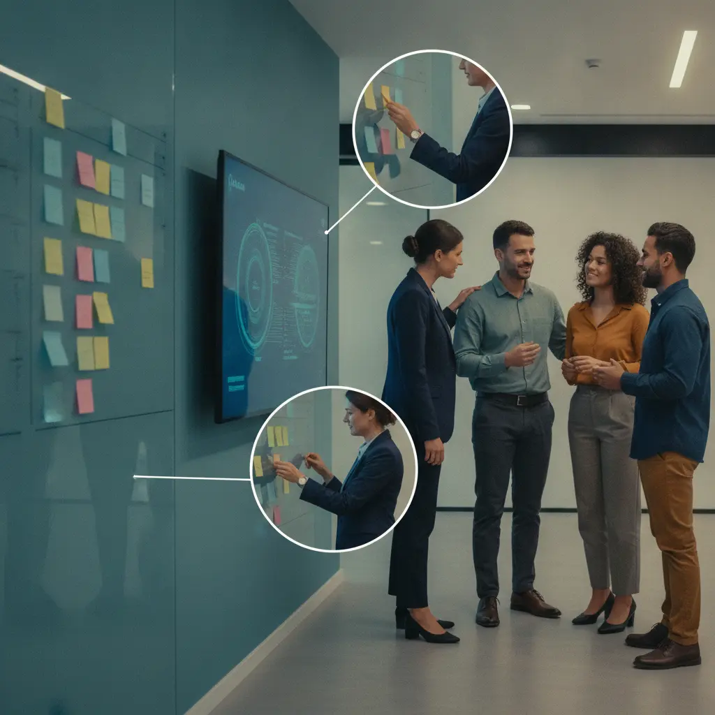 Gestor equilibrando kanban e dashboard com interação humana calorosa em equipe.