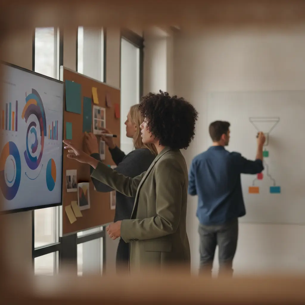 Equipe de marketing em escritório criativo avaliando vaga, com dashboard abstrato e moodboard sem textos.