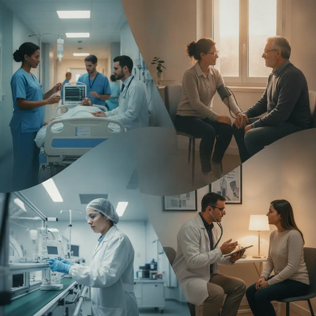 Montagem fotográfica mostrando profissionais de saúde trabalhando em hospital, UBS, consultório e indústria.