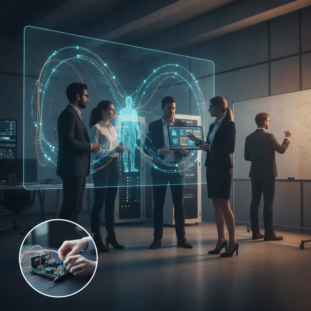 Equipe diversa em laboratório de IA responsável diante de display transparente com visualização de rede neural e ícones de ética.
