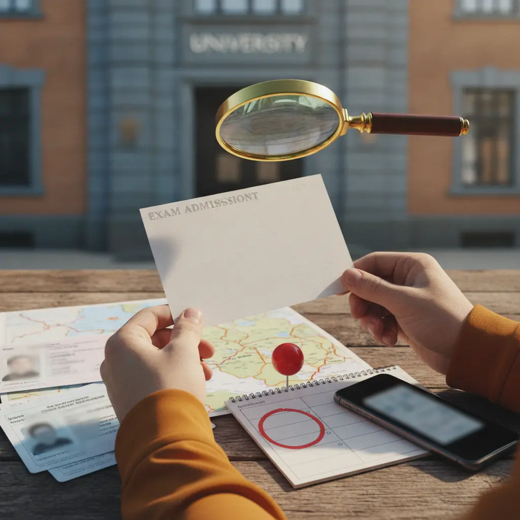 Mãos segurando cartão de confirmação de prova em branco com documento, mapa, calendário e lupa ao redor.