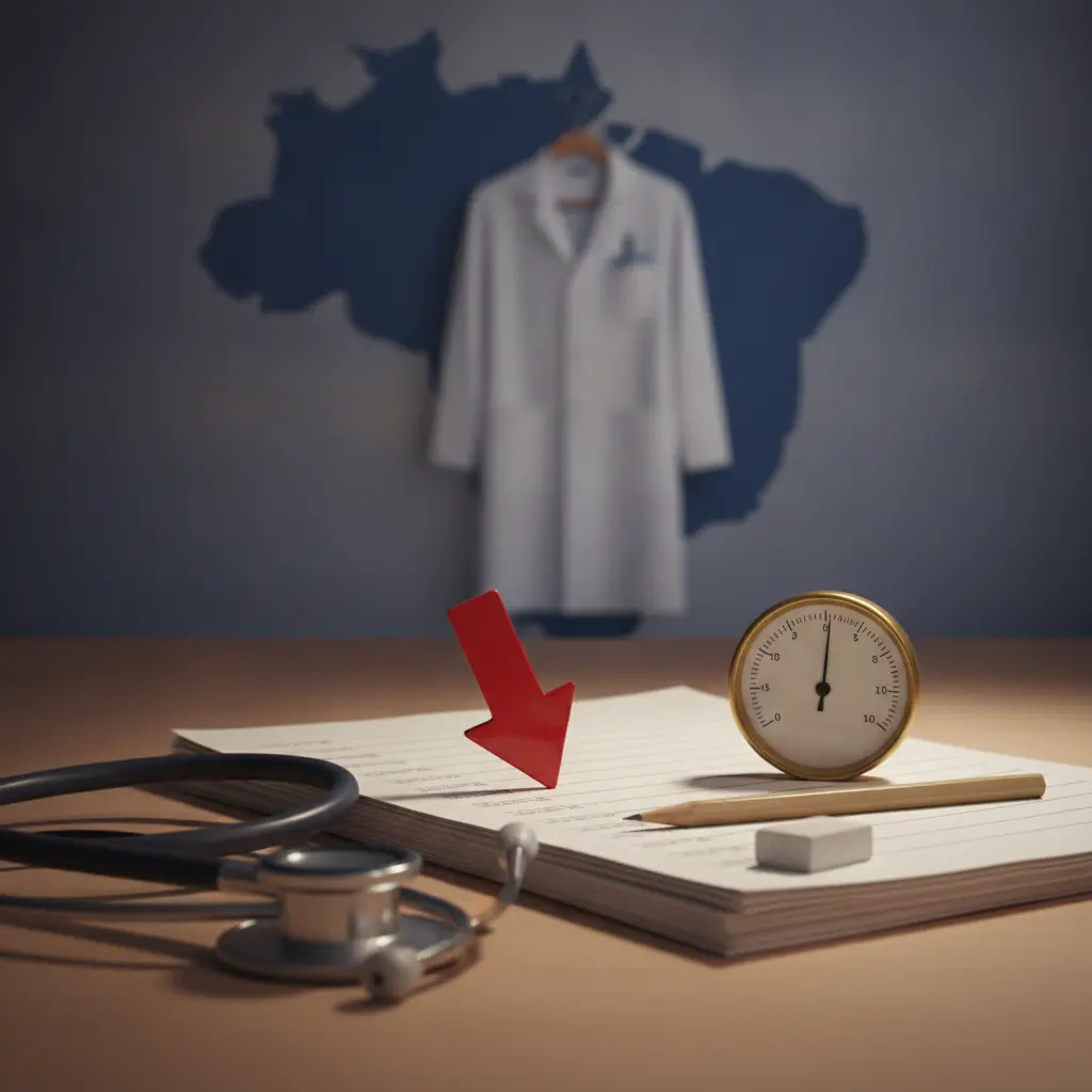 Ilustração editorial de estetoscópio, provas empilhadas e um indicador apontando para baixo, simbolizando queda da nota mínima do Revalida.