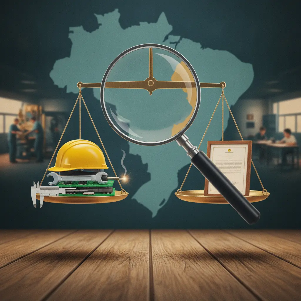 Ilustração editorial: lupa e balança avaliando ferramentas técnicas e um certificado sobre o mapa do Brasil, simbolizando avaliação da Educação Profissional e Tecnológica.