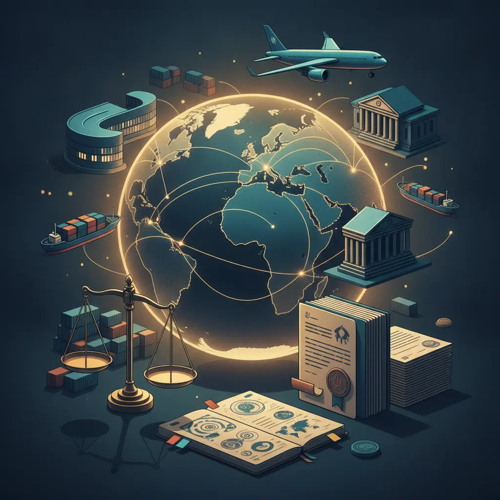 Ilustração editorial de um globo com rotas de comércio, navios, aviões, edifícios institucionais, balança e documentos, sem texto.
