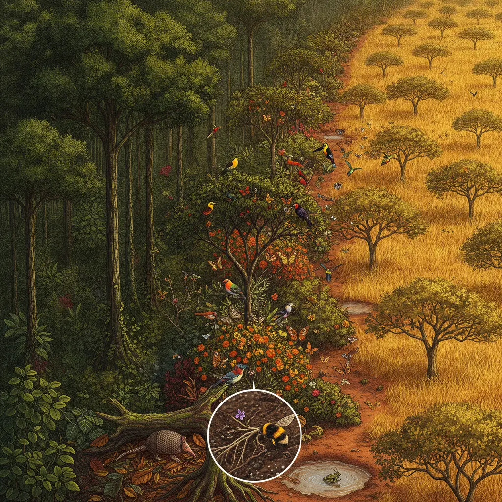 Ilustração editorial do ecótono entre floresta e cerrado mostrando maior diversidade e efeitos de borda.