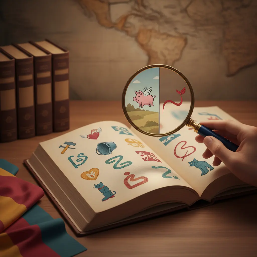 Ilustração editorial close-up de livro de espanhol com lupa destacando ícones de expressões idiomáticas, mapa da Espanha/América e bandeira espanhola ao fundo.