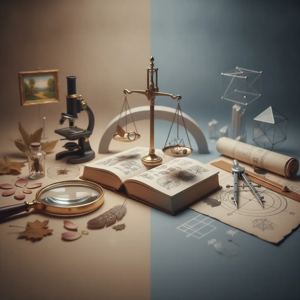 Ilustração editorial mostrando empirismo (lupa e microscópio), racionalismo (compasso e formas geométricas) e criticismo (balança sobre livro aberto), com luz cinematográfica.
