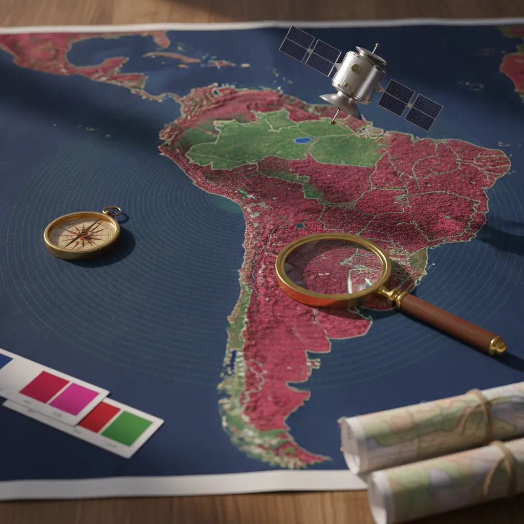 Ilustração editorial de mapa satelital do Brasil em falso‑color, com bússola, lupa e miniatura de satélite, sem texto.