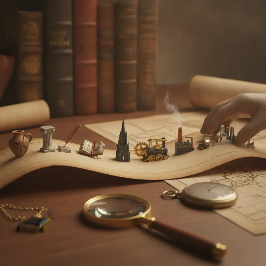 Linha do tempo histórica ilustrada com objetos simbólicos (coluna romana, manuscrito, máquina a vapor, skyline moderno), lupa e relógio de bolso, iluminação cinematográfica.