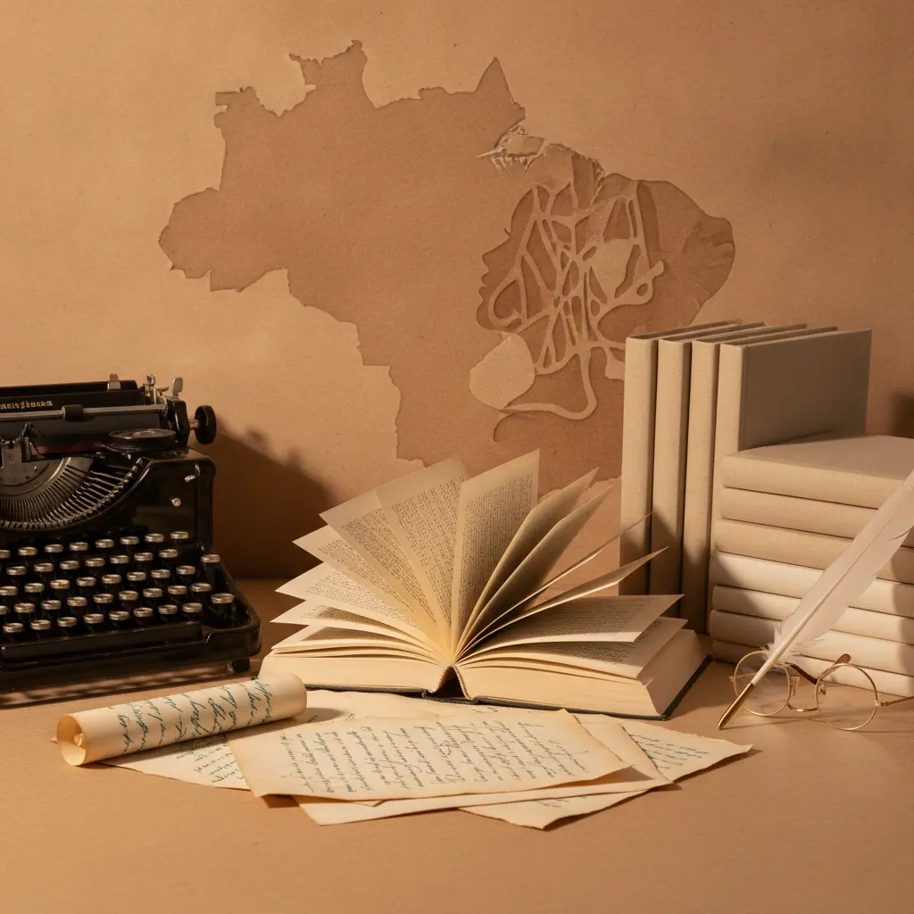Estudo editorial: máquina de escrever, livros e manuscritos representando literatura feminina brasileira, iluminação cinematográfica.