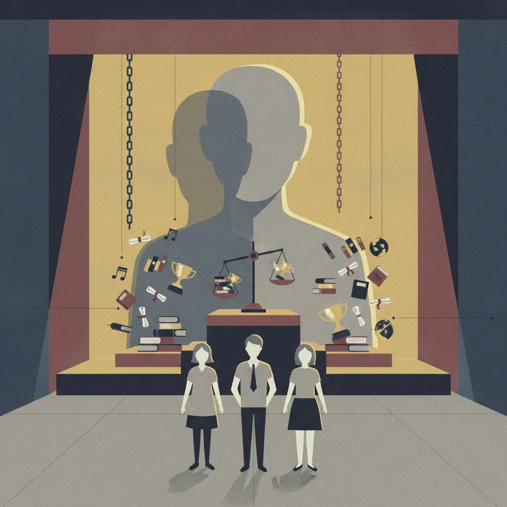 Ilustração editorial com figura autoritária projetando sombra simbólica sobre estudantes e uma balança desigual de capital cultural, representando violência simbólica na escola.
