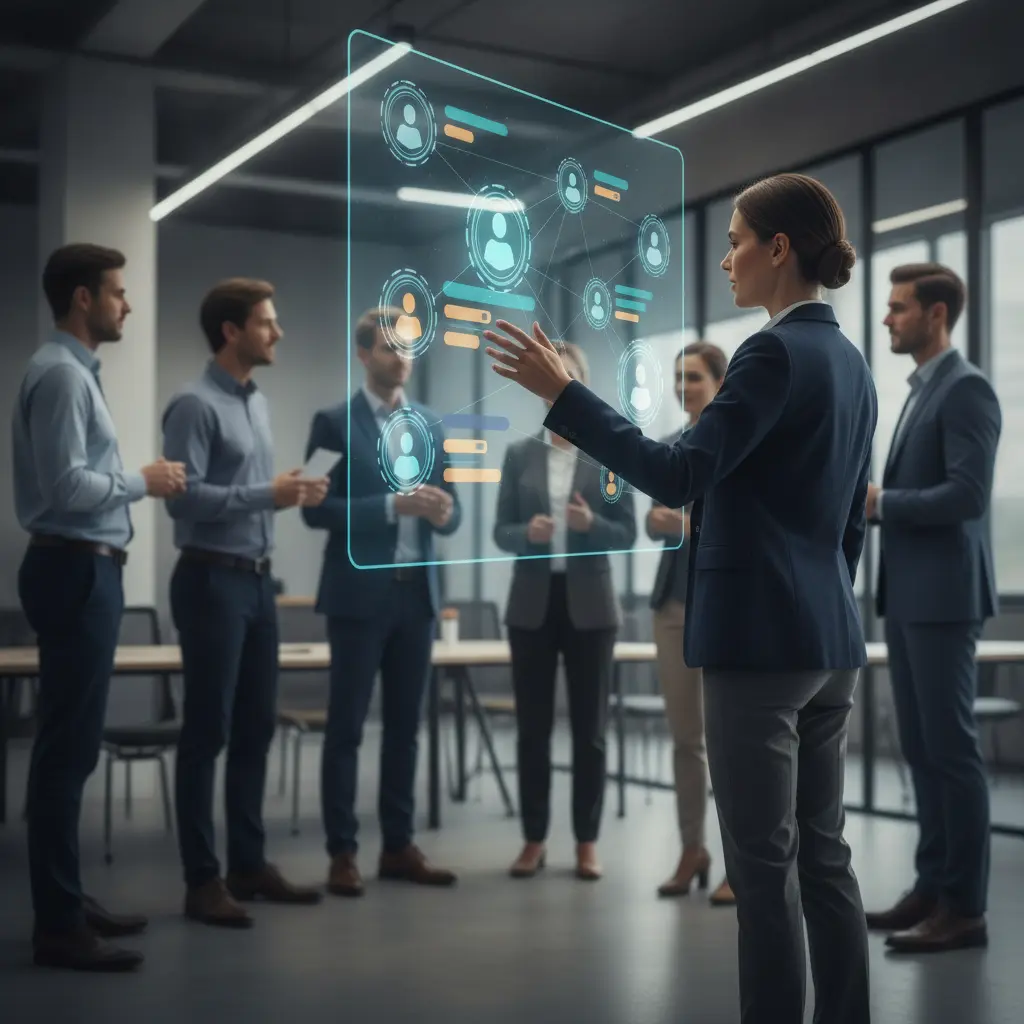 Recrutador em escritório analisando perfis abstratos conectados por linhas e chips de palavras-chave, sem texto.