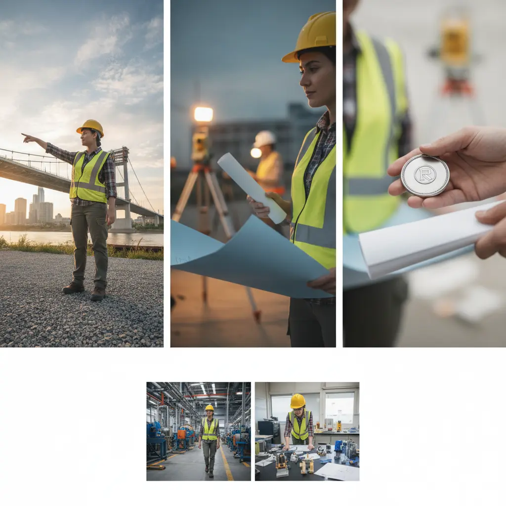Engenheiro com capacete e diploma enrolado segurando plantas e supervisando canteiro de obras, representando diferentes caminhos profissionais.