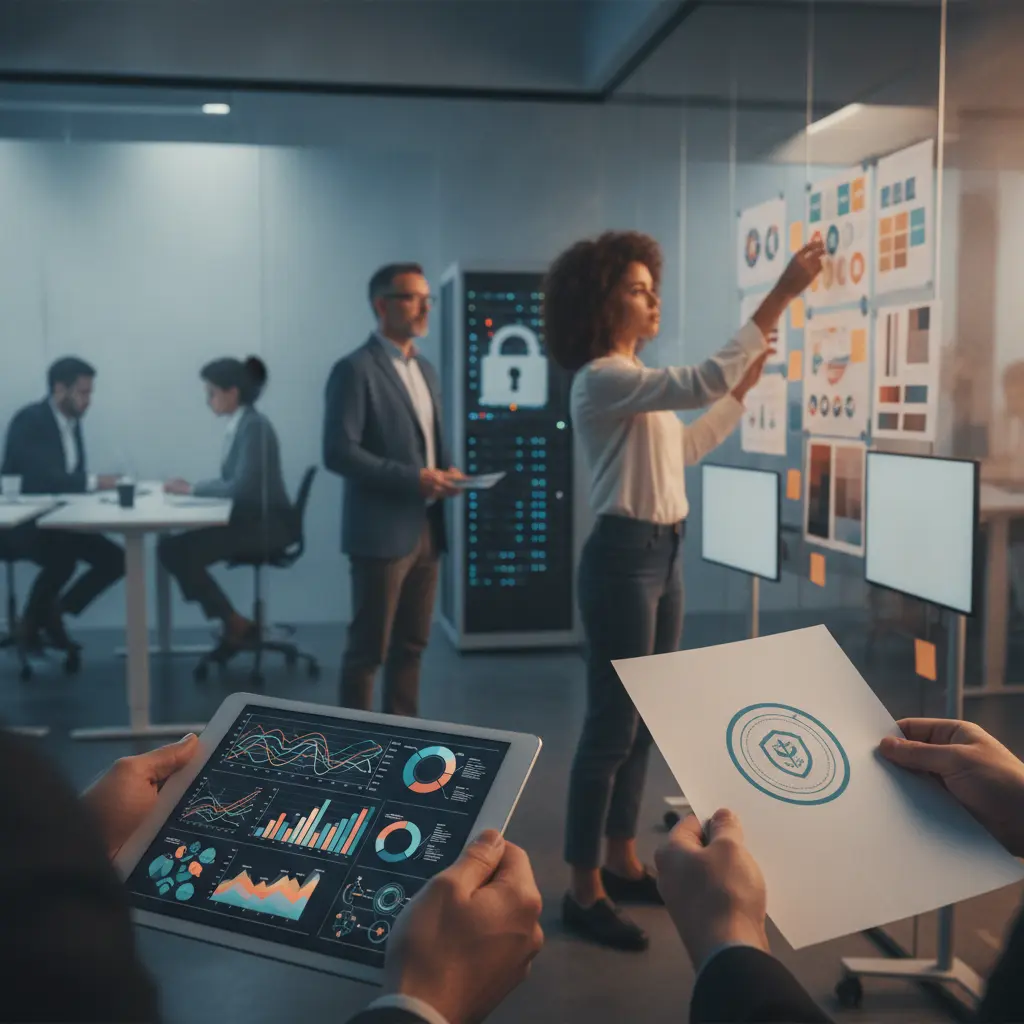 Profissionais de marketing e compliance colaborando num espaço criativo com tablet de dados, documento com selo de conformidade e moodboard ao fundo.