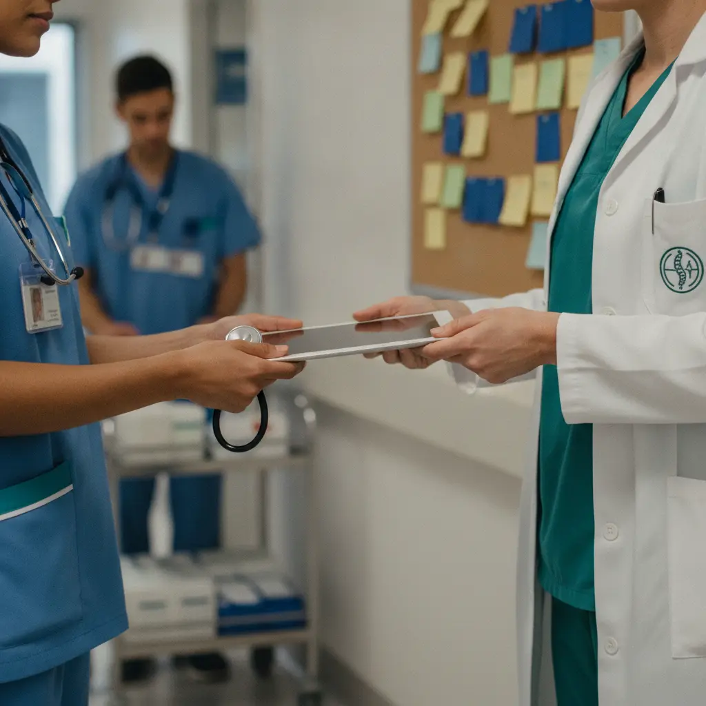 Profissionais da saúde em corredor de hospital trocando equipamentos e consultando um quadro de planejamento sem texto.