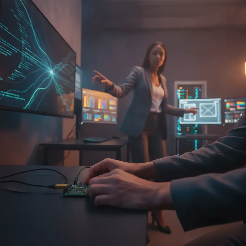 Profissional em laboratório de tecnologia testando estações que representam desenvolvimento, dados, UX e infraestrutura.