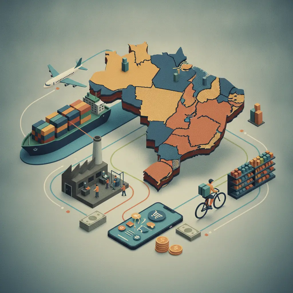 Ilustração editorial de mapa do Brasil rodeado por navio de carga, fábrica, entregador, smartphone e prateleiras de supermercado, simbolizando globalização, trabalho e consumo.