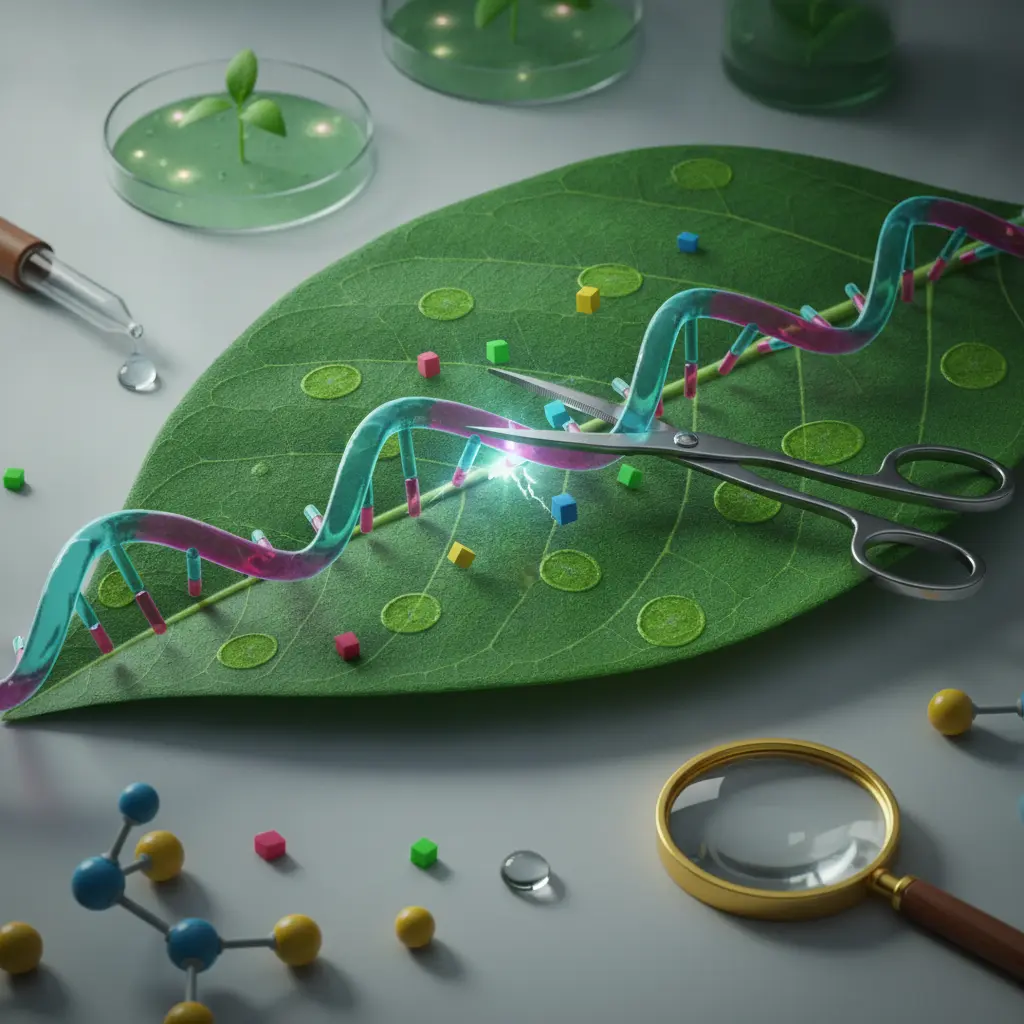 Folha em corte com hélice de DNA sendo cortada por tesoura simbólica (CRISPR) e placas de Petri com mudas transgênicas.