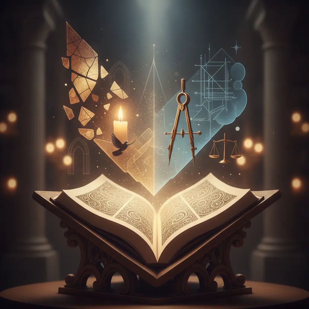 Ilustração editorial de manuscrito iluminado com símbolos contrapondo fé (vitrais, pomba, vela) e razão (compasso, formas geométricas, balança), em luz cinematográfica.