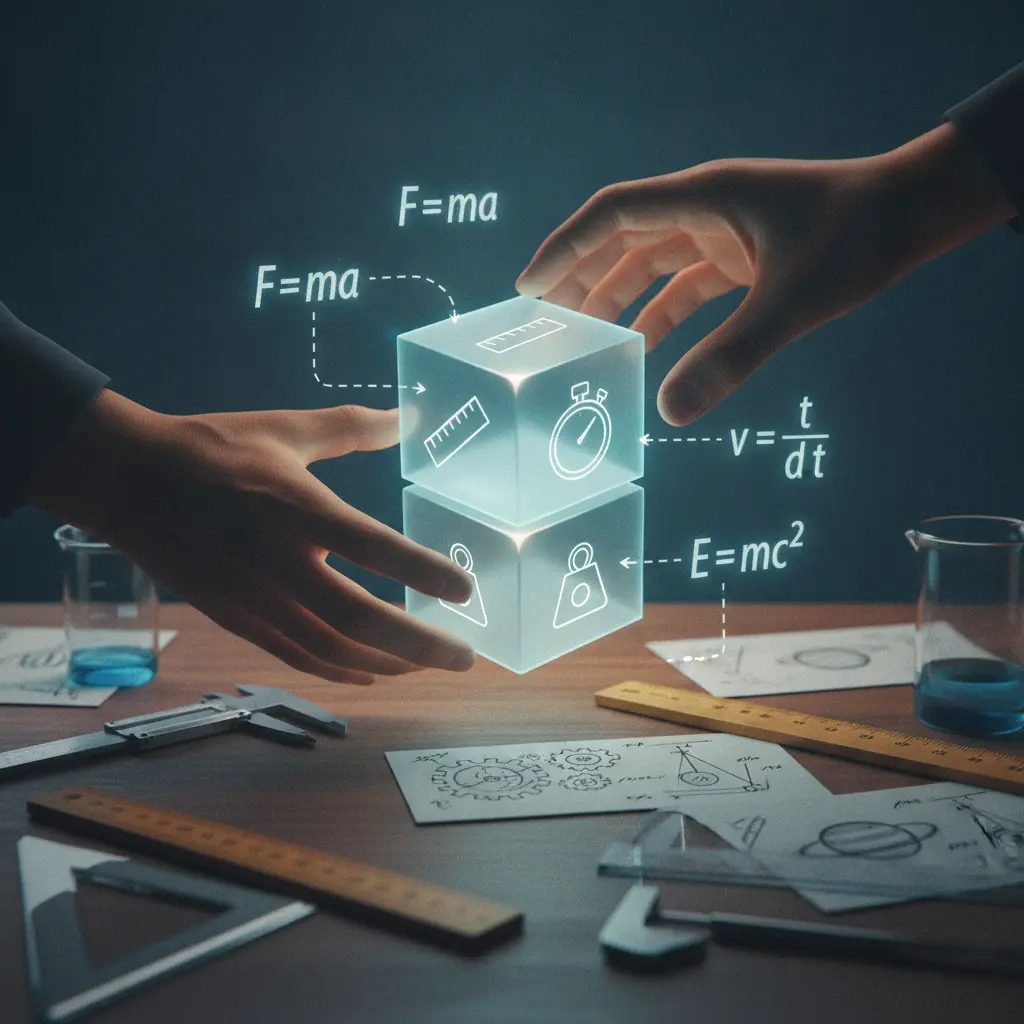 Mãos manipulando um cubo 3D com ícones de régua, cronômetro e balança, com setas e fórmulas ilustrando conversão de unidades.