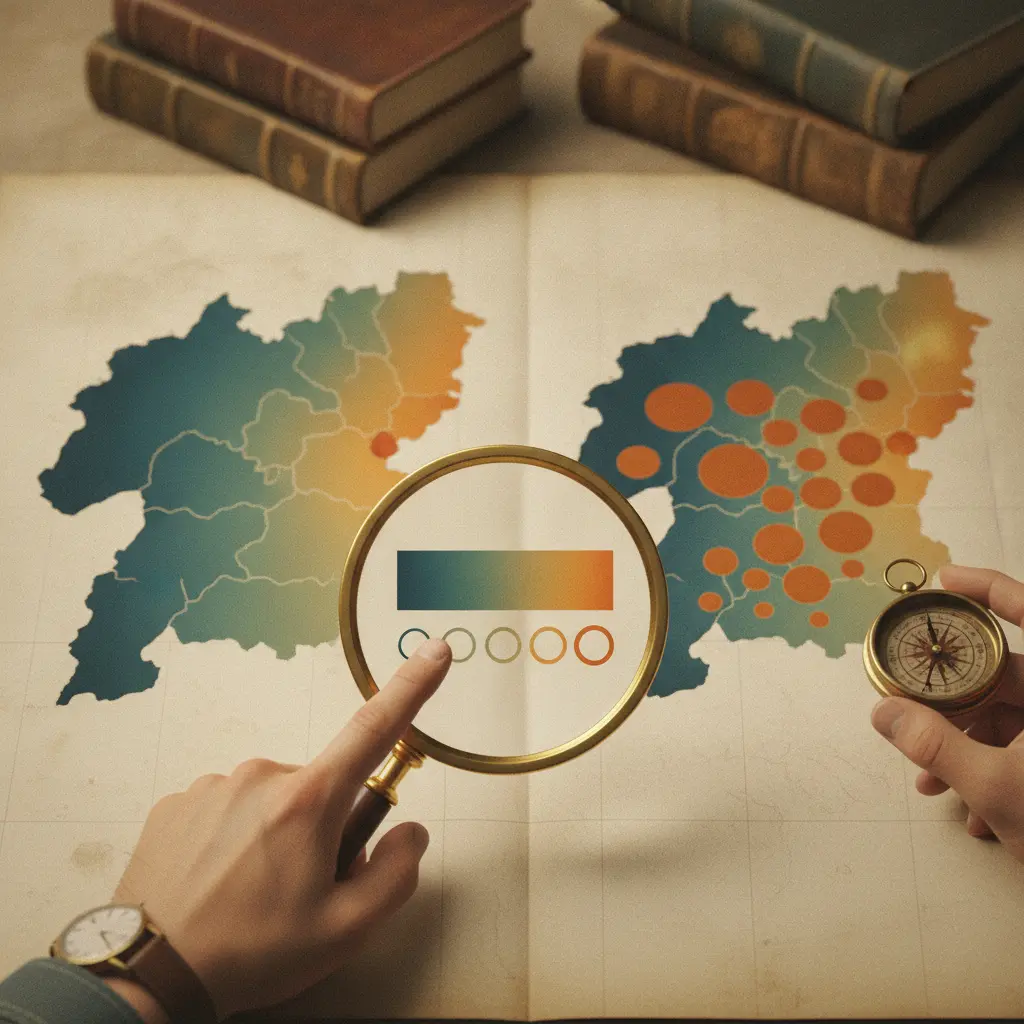 Ilustração editorial comparando mapa coroplético e mapa por símbolos, com lupa sobre a legenda e mãos apontando.
