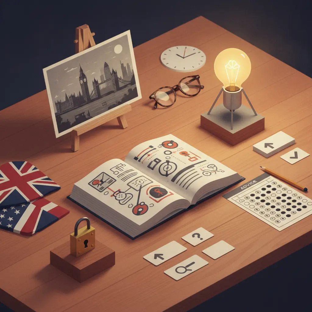 Ilustração editorial de mesa de estudo com livro de inglês, folha de prova com bolinhas preenchidas, cadeado (obrigação) e lâmpada (conselho).