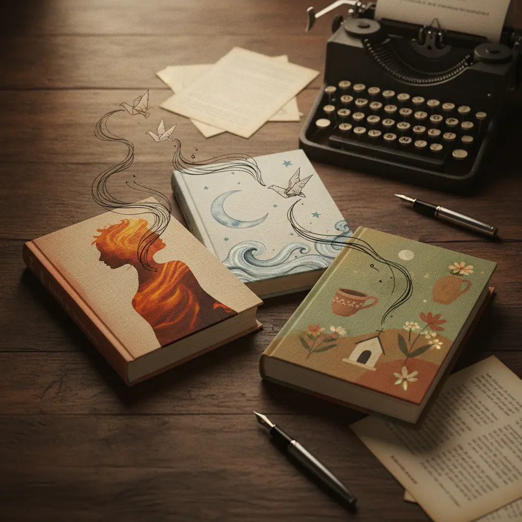 Ilustração editorial de três livros simbólicos (introspecção, lirismo e cotidiano sagrado), páginas que se elevam em aves, máquina de escrever e caneta sobre mesa iluminada.