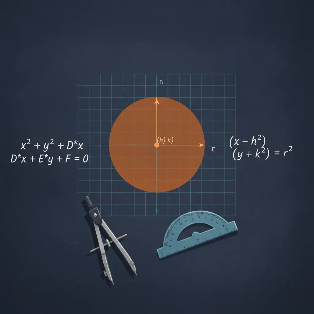 Ilustração editorial de um plano cartesiano com circunferência, centro marcado, raio, fórmulas algébricas e instrumentos de desenho.