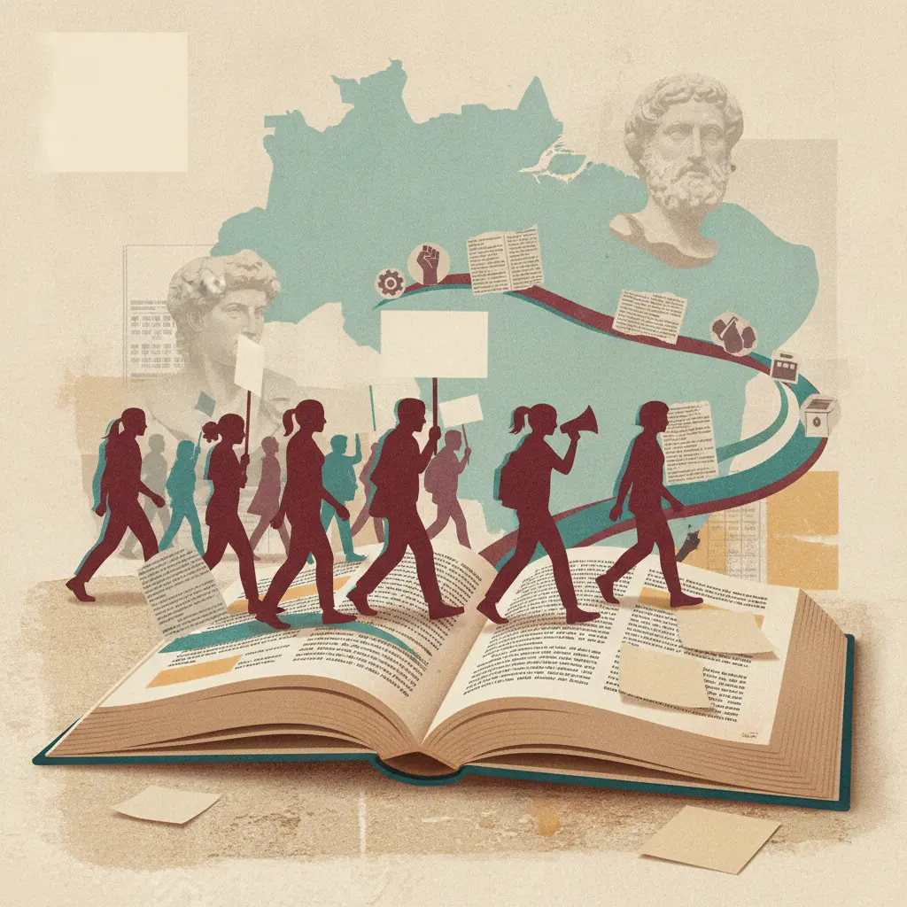 Ilustração editorial com livro de sociologia aberto, manifestantes com cartazes em branco, bustos de pensadores e uma linha do tempo de movimentos sociais.