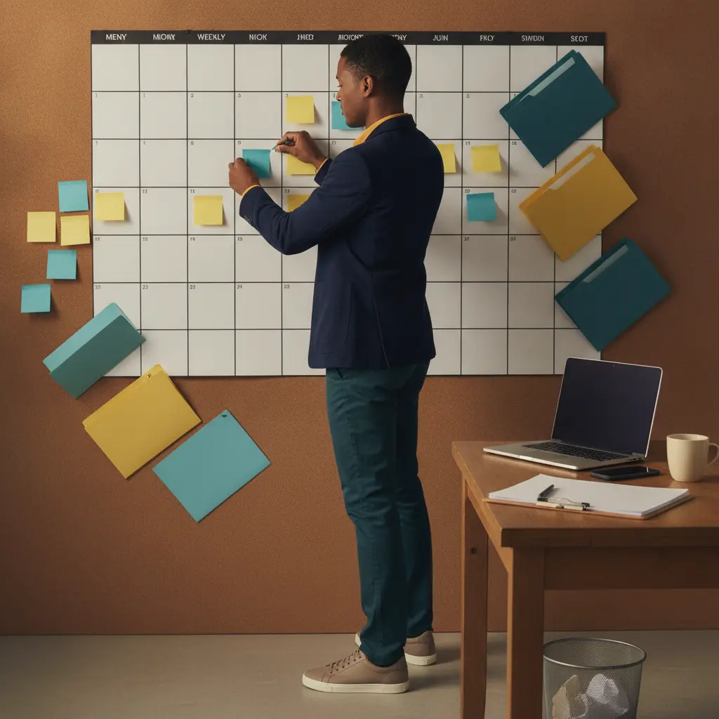 Pessoa organizando notas coloridas em um calendário de parede para planejar a busca de emprego semanal, em ambiente de escritório com iluminação cinematográfica.