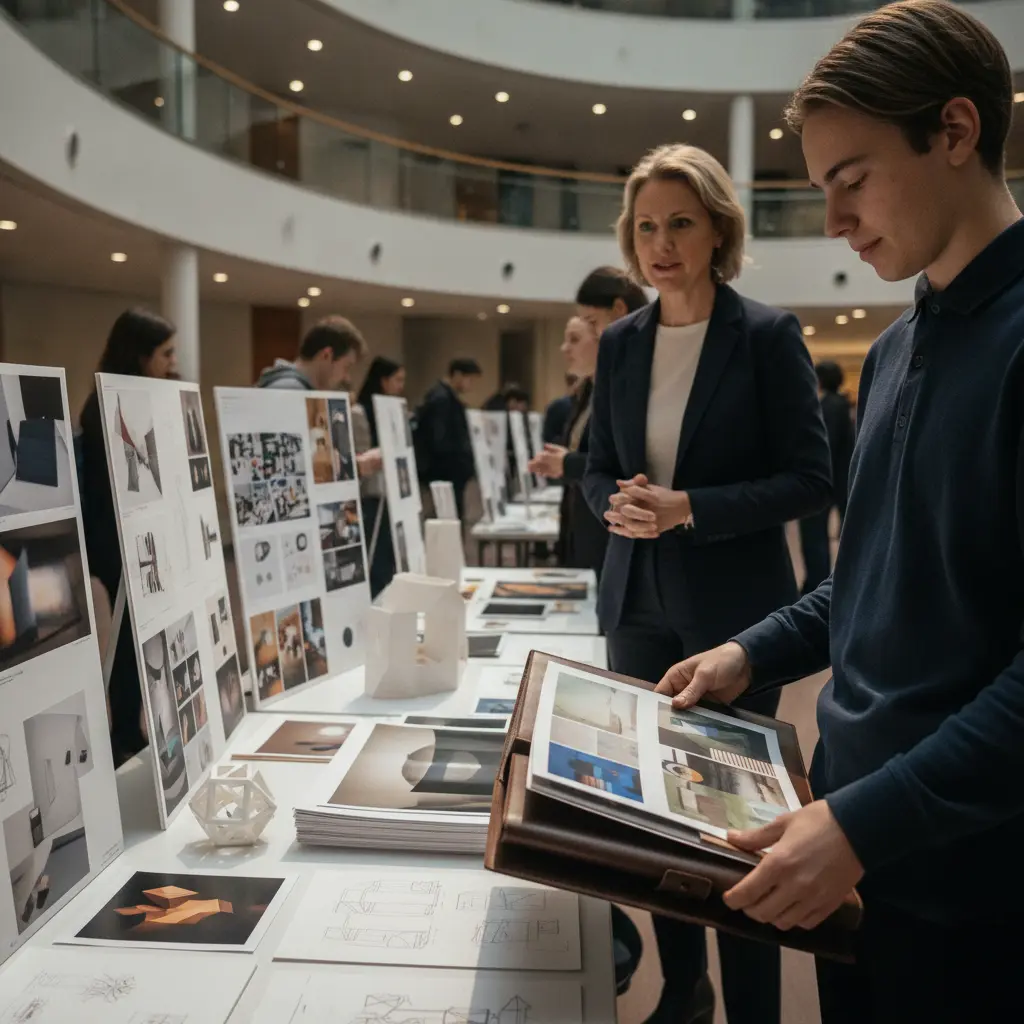 Estudante apresenta portfólio físico com protótipos e painéis visuais em exposição no campus, com um profissional observando.
