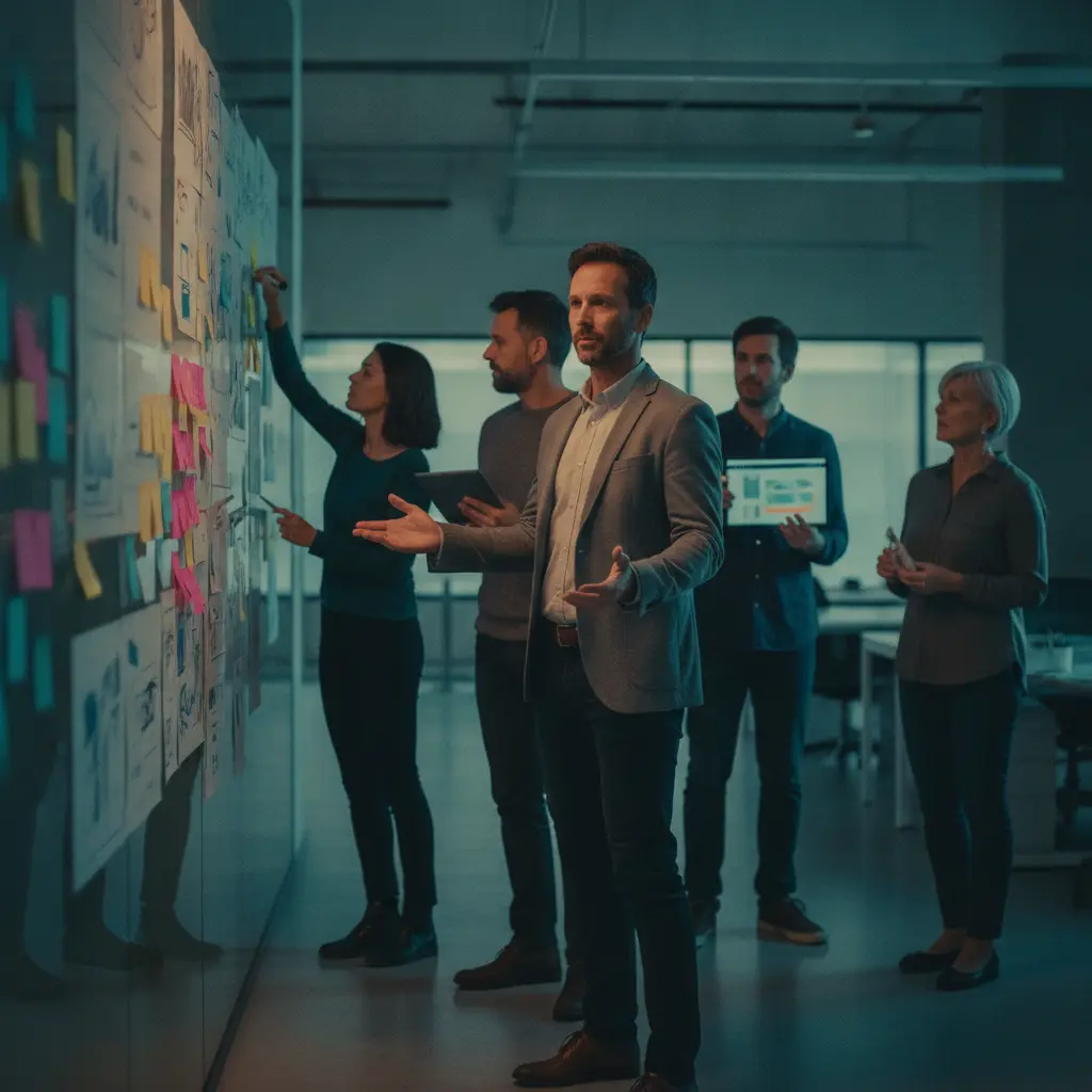 Gestora facilitando um brainstorming em pé diante de um quadro de post-its coloridos, com a equipe colaborando ativamente.