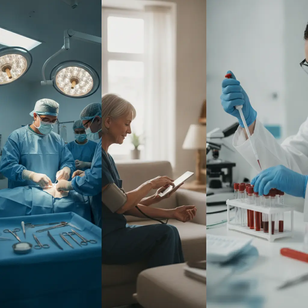 Três cenas comparativas: cirurgia em sala de operação, visita domiciliar de enfermeira e técnico de laboratório em ação.