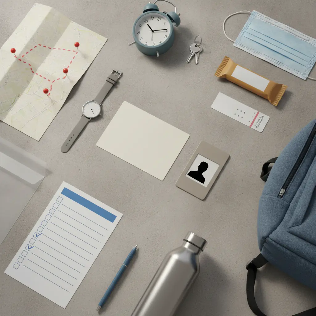 Flatlay editorial com itens de preparação para prova: cartão de confirmação sem texto, documento, relógio, mapa, checklist, mochila e garrafa.
