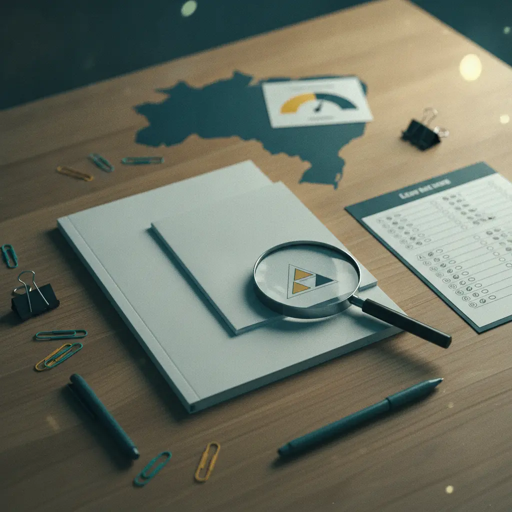 Capa editorial: cadernos de prova, espelho de respostas com bolhas preenchidas e lupa sobre manual explicativo, com silhueta do mapa do Brasil ao fundo.