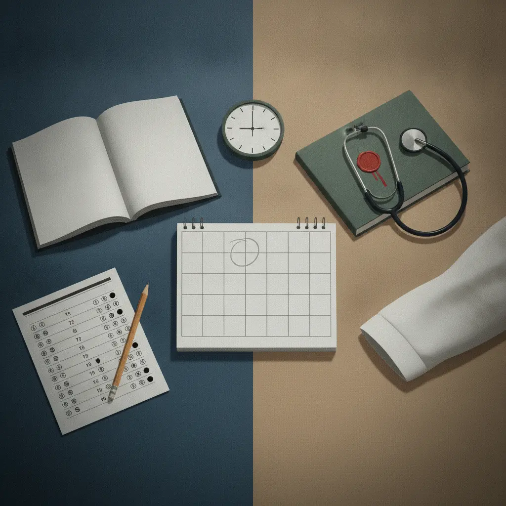 Ilustração editorial com dois cadernos de prova lado a lado sobre um calendário em branco, um com lápis e folha de respostas e outro com estetoscópio, relógio marcando a mesma hora.