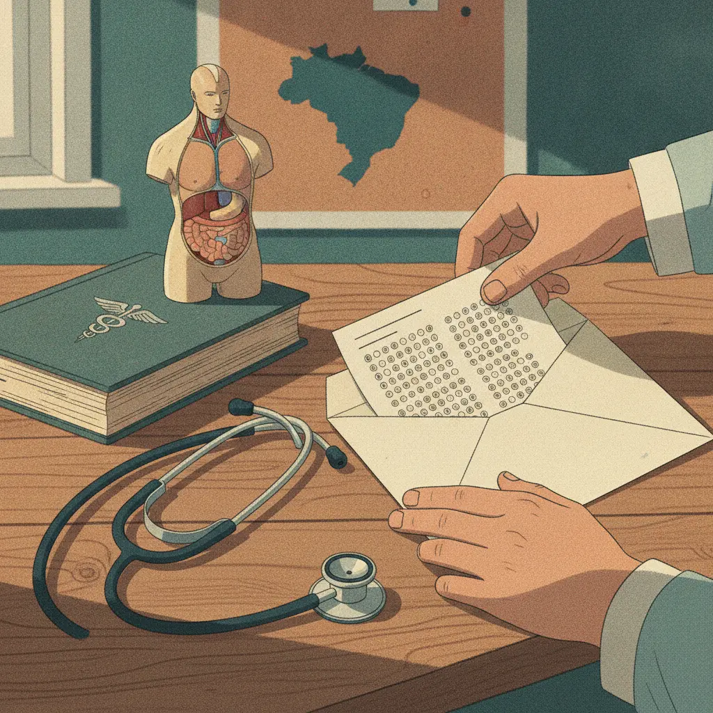 Ilustração editorial de estetoscópio, prova de múltipla escolha e material médico sobre mesa, simbolizando Enamed e Revalida.