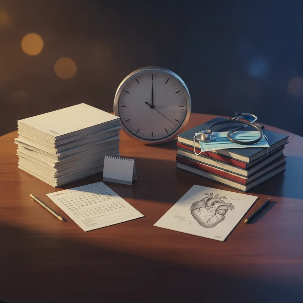 Close-up editorial de pilhas de provas (objetiva e médica) com um estetoscópio e um relógio analógico indicando uma hora extra, simbolizando Enamed e Revalida e a importância dos 60 minutos adicionais.