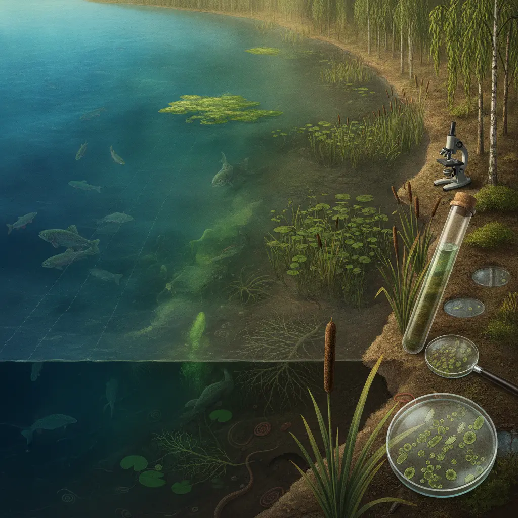 Ilustração editorial mostrando a sucessão ecológica de um lago, do água aberta à transição para brejo, com detalhes de plantas aquáticas, sedimento e equipamentos científicos.
