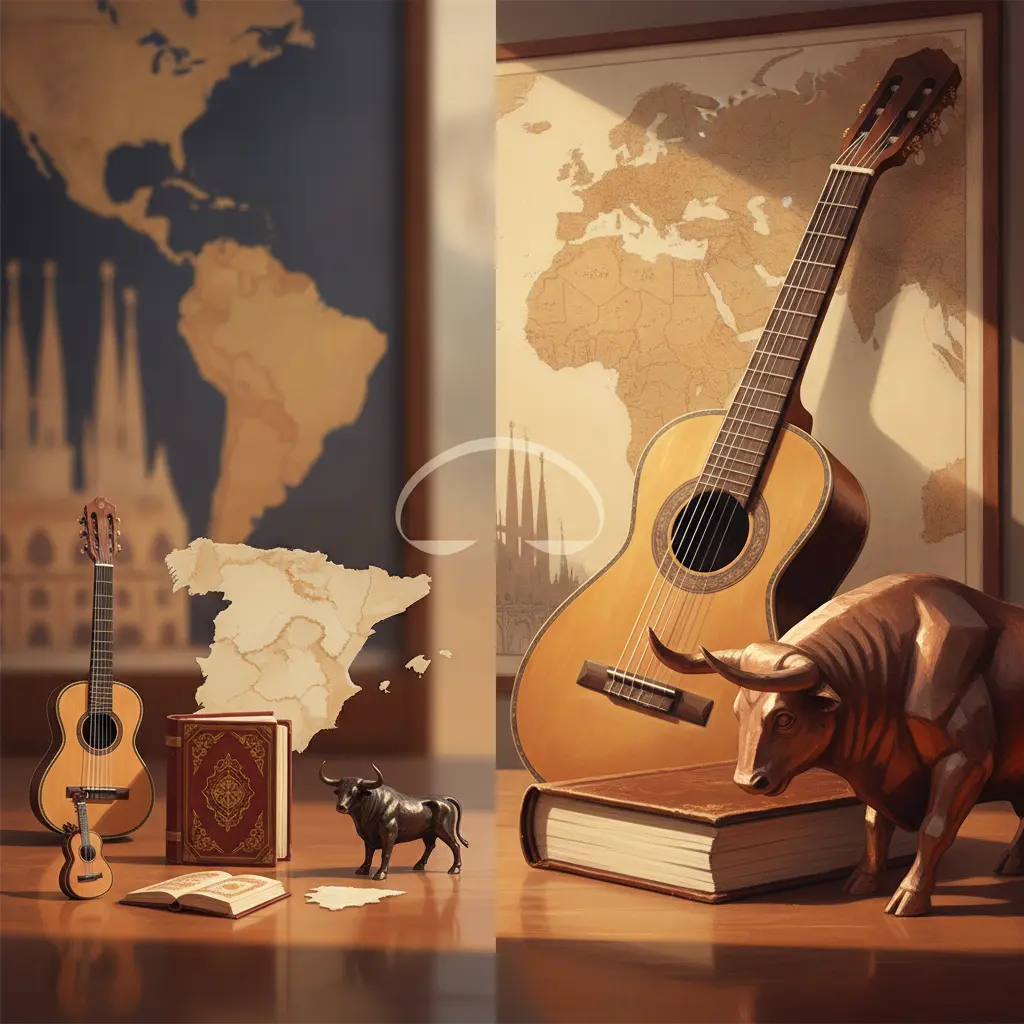 Ilustração editorial dividida entre miniaturas e objetos gigantes com elementos espanhóis, representando diminutivos e aumentativos.