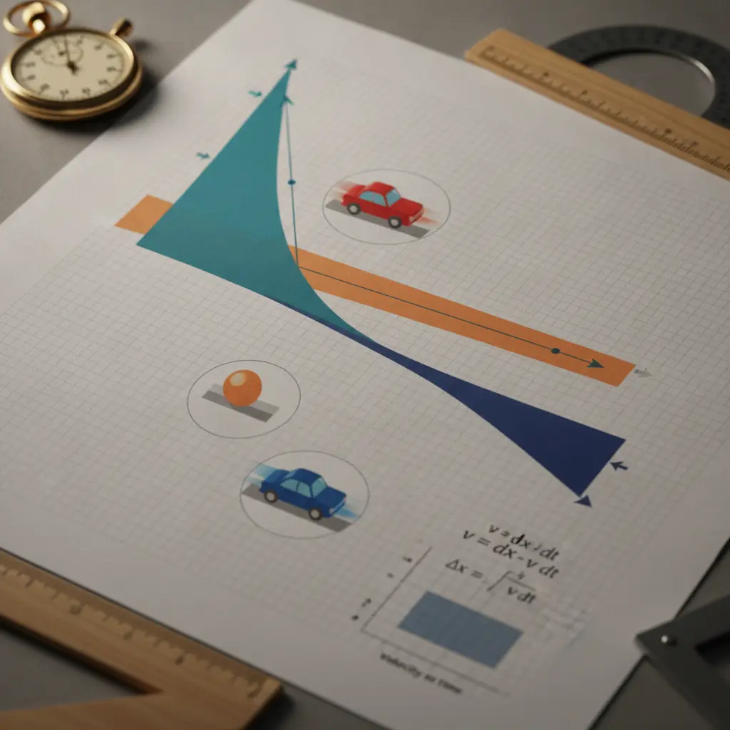 Gráfico posição-tempo com segmentos destacados, tangentes mostrando inclinação, inset de velocidade-tempo com área sombreada e miniaturas de carrinho ilustrando o movimento.