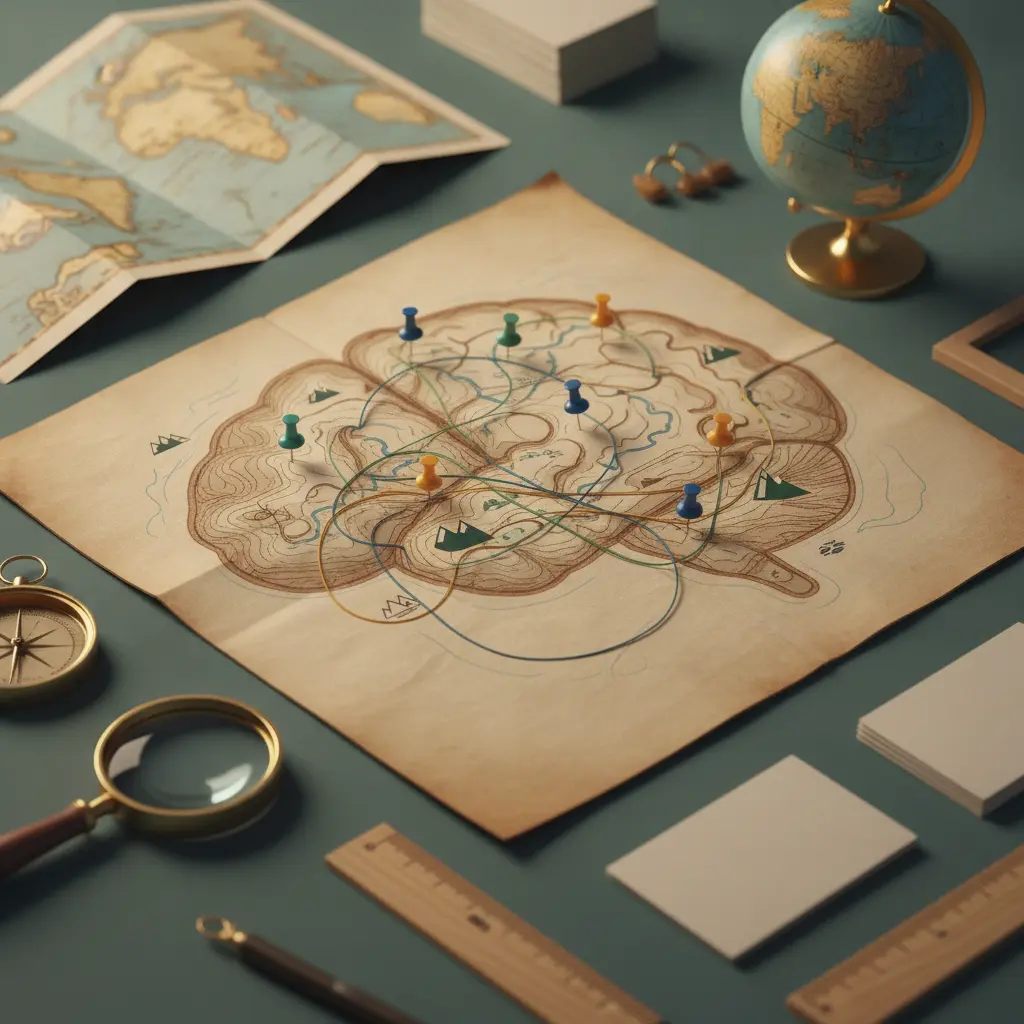 Ilustração editorial de um cérebro-mapa com pins conectados, bússola e globo, representando mapas mentais em Geografia.