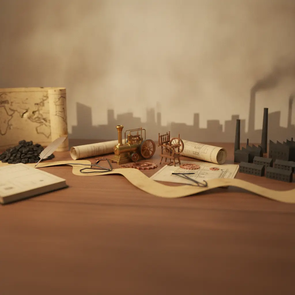 Ilustração editorial: mesa com livro antigo, carvão, modelo de máquina a vapor, fiação e silhueta de fábricas formando uma linha do tempo da Revolução Industrial.