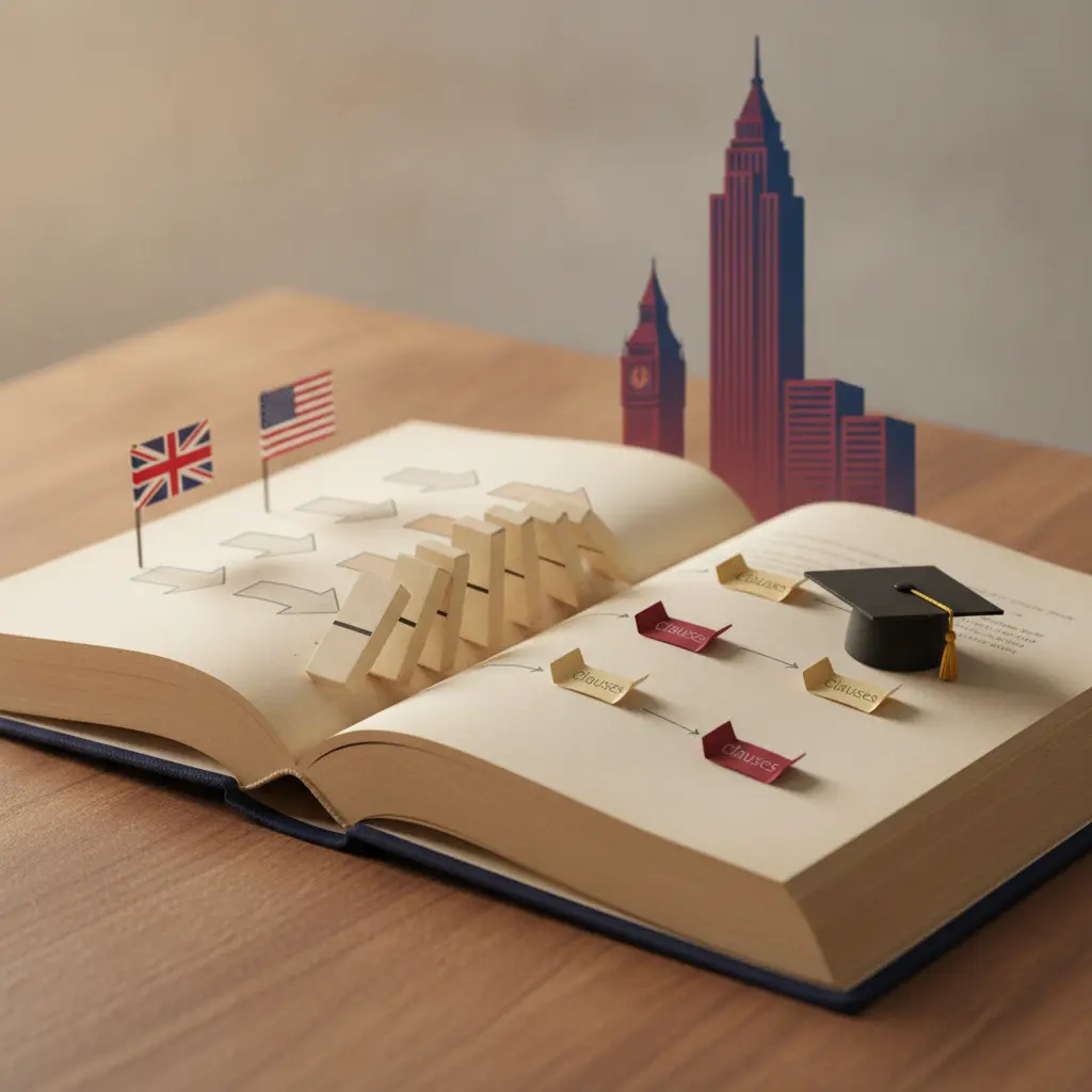 Livro de inglês com setas e dominós simbolizando causa e efeito, com bandeiras do Reino Unido/EUA e capelo ao fundo.
