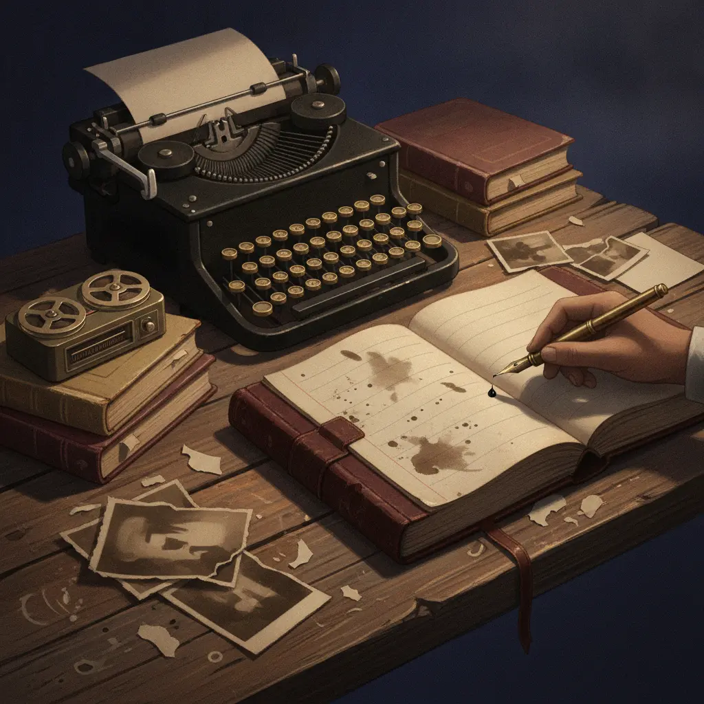 Ilustração editorial de mesa com caderno, caneta-tinteiro, máquina de escrever, fotos e gravador simbolizando escrevivência e voz narrativa.