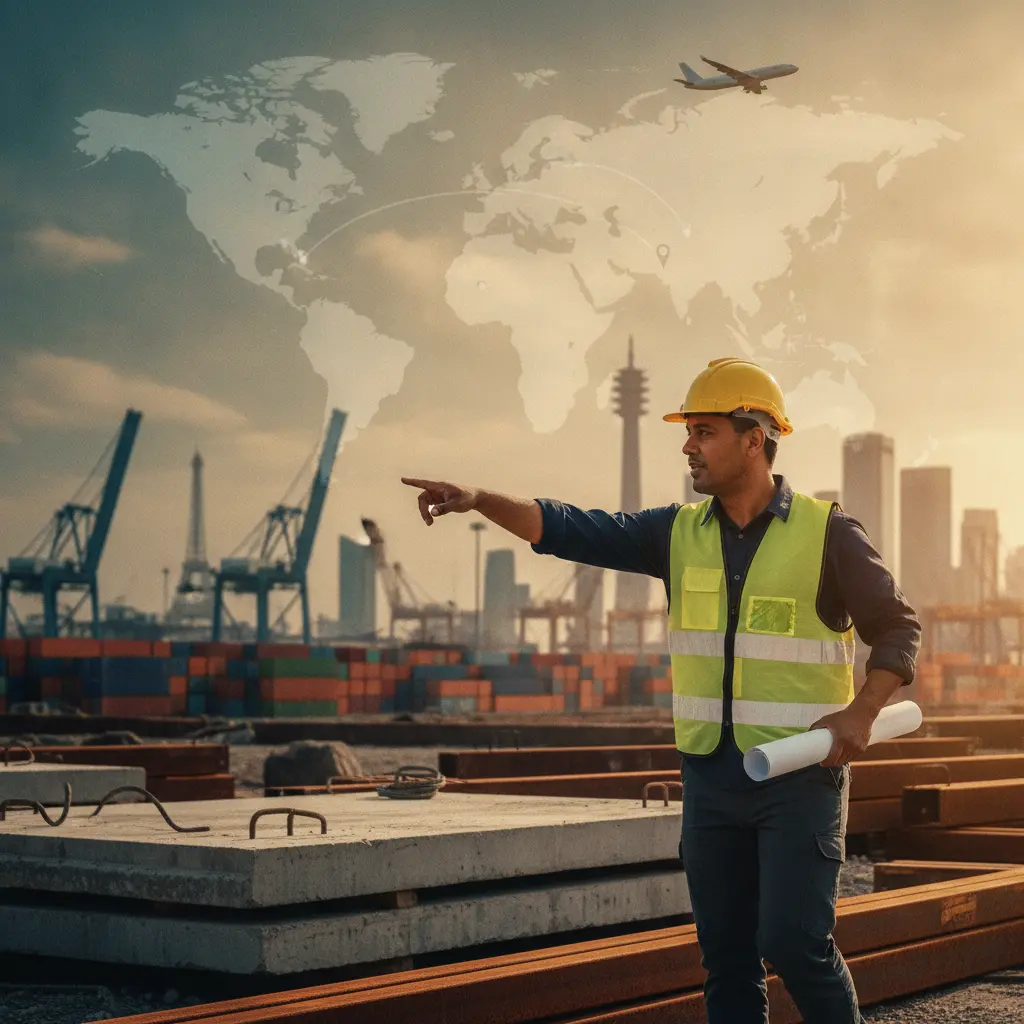Engenheiro de capacete inspecionando canteiro com horizonte global e linhas de conexão que sugerem mobilidade internacional.