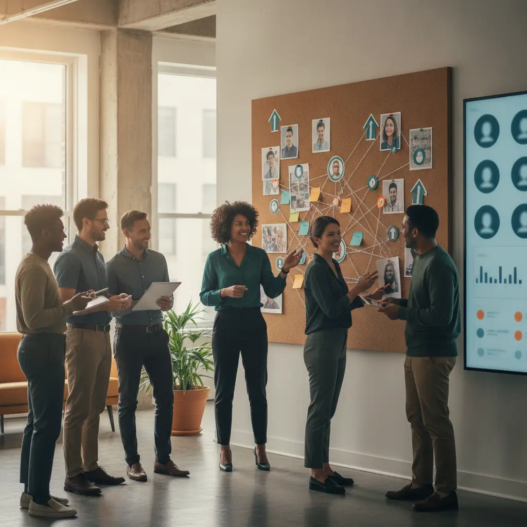 Equipe de marketing de comunidade em encontro colaborativo num espaço de coworking, quadro com fotos e post-its conectados mostrando crescimento.