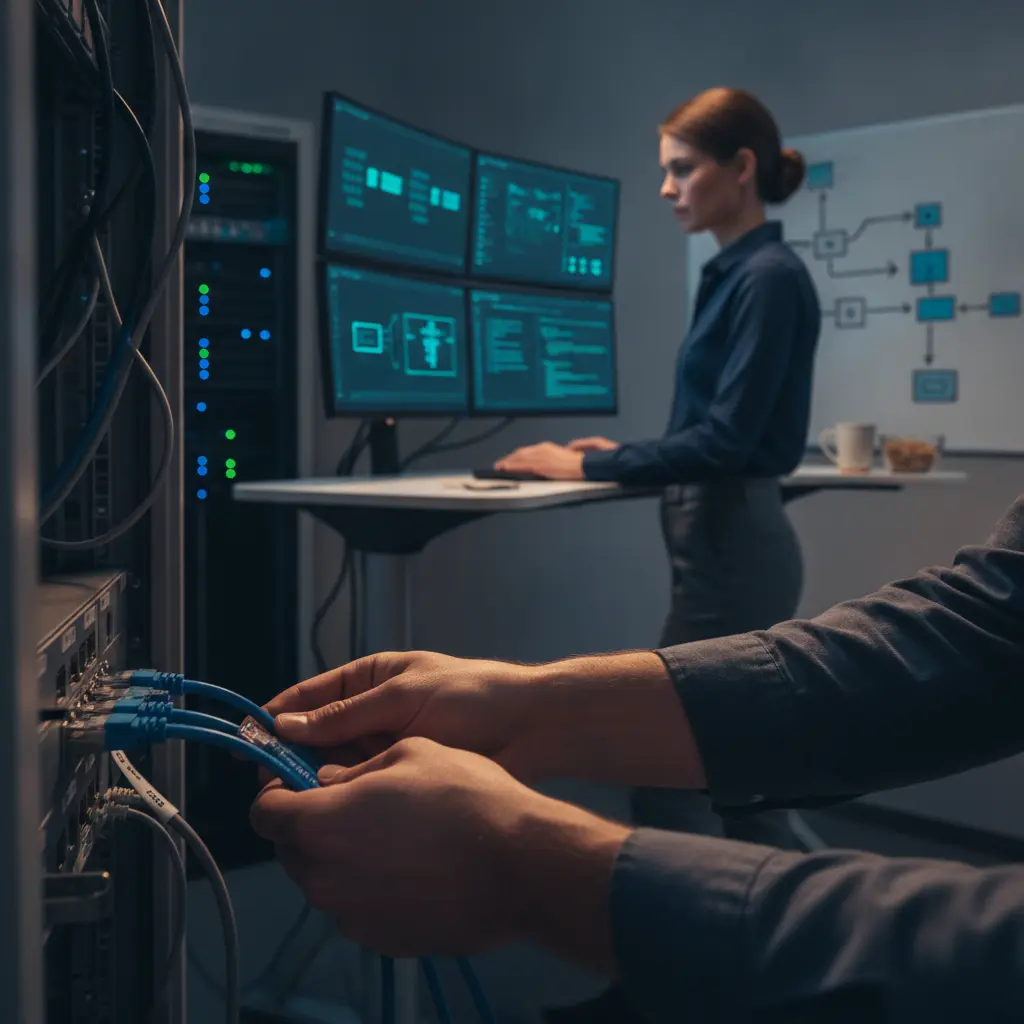 Profissional de TI no primeiro ano conectando cabos em um rack de servidores, com telas mostrando blocos abstratos e quadro de diagramas ao fundo.
